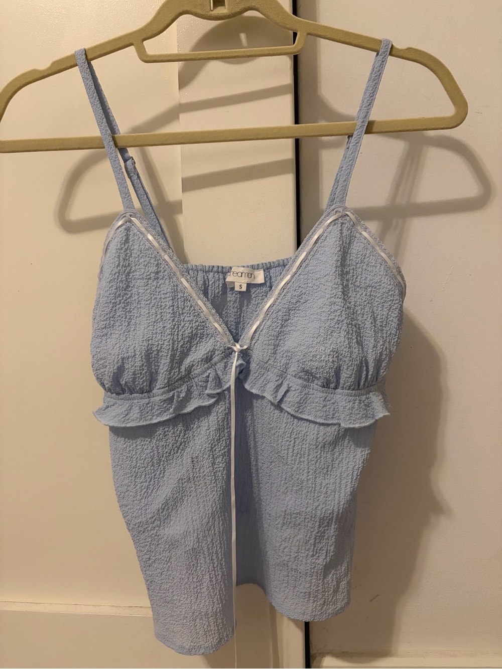 Light Blue Seersucker Ruffle Tank Top by